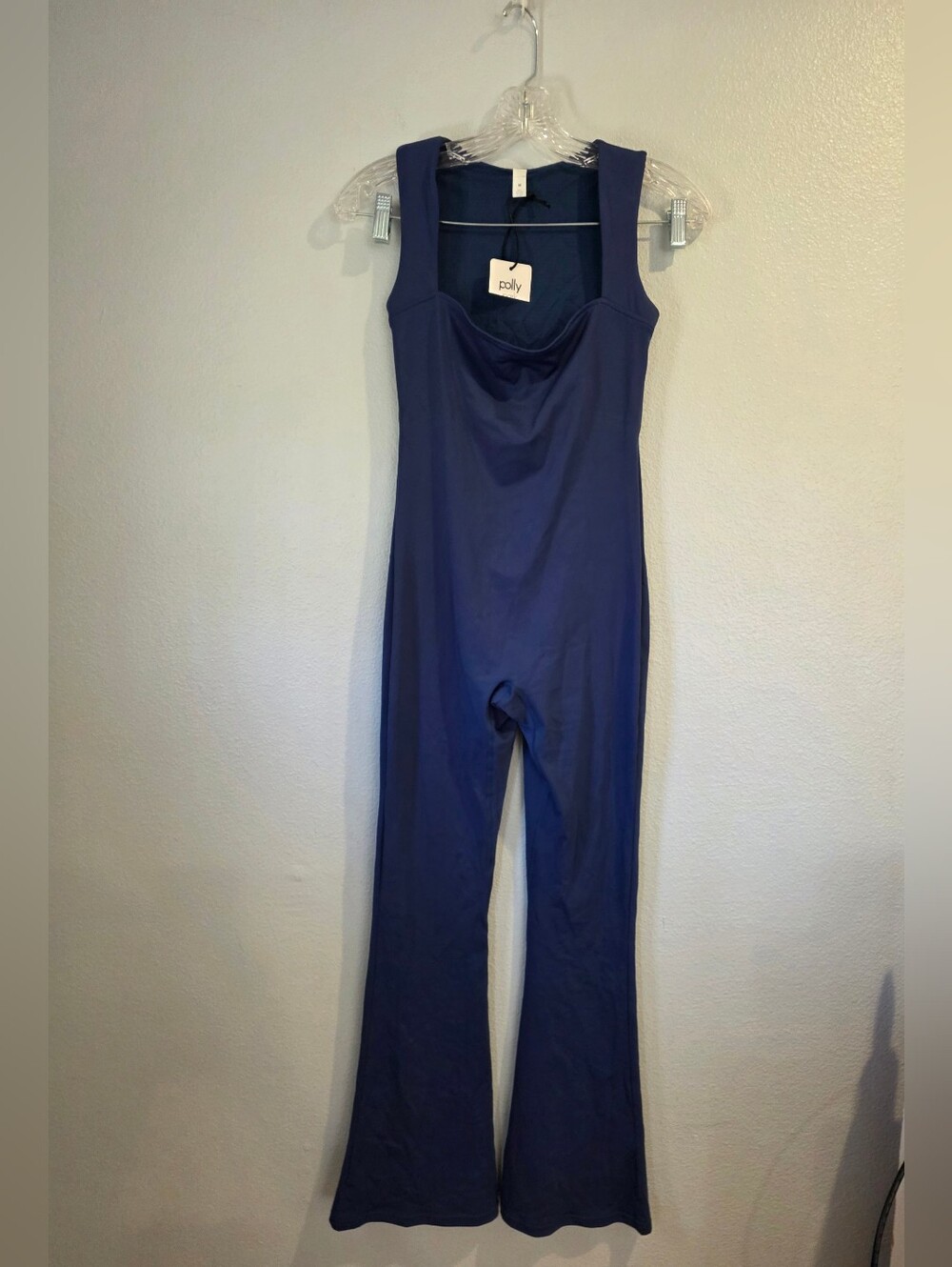Women Polly Park Square Neck Flare Jumpsuit Blue M